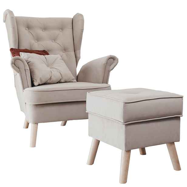 Idohome KŘESLO CLASSIC s podnožkou a bukovými nohami, béžové