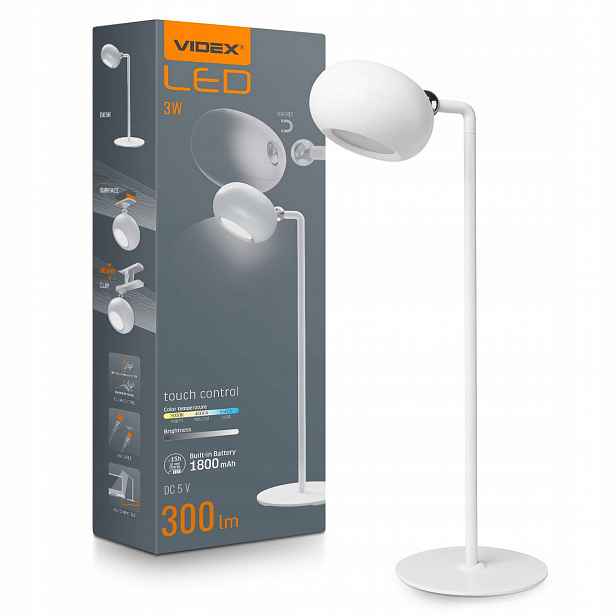 Led stolní lampa Noční 3W 300lm 5500K Studená bílá Stmívatelná Videx