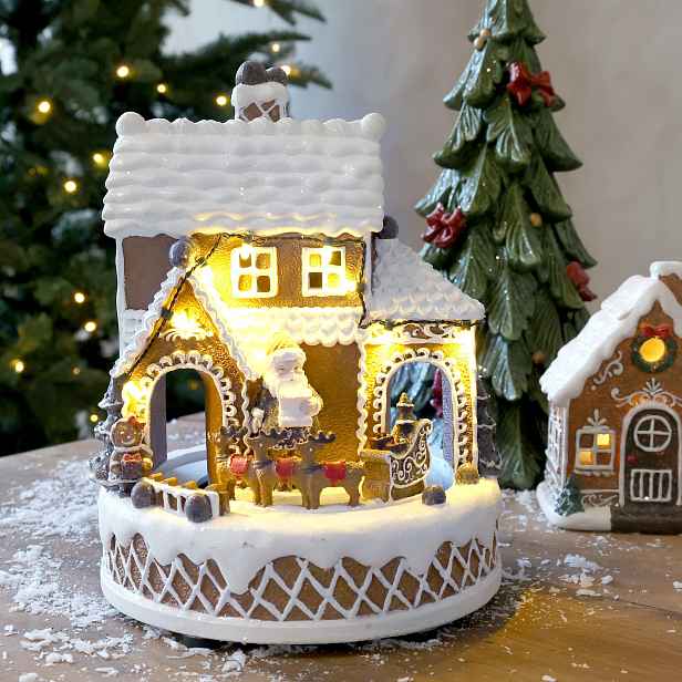 Hrací skříňka perníkový domek Gingerbread Noël LED – Ø 17*23 cm / 3xAA Chic Antique