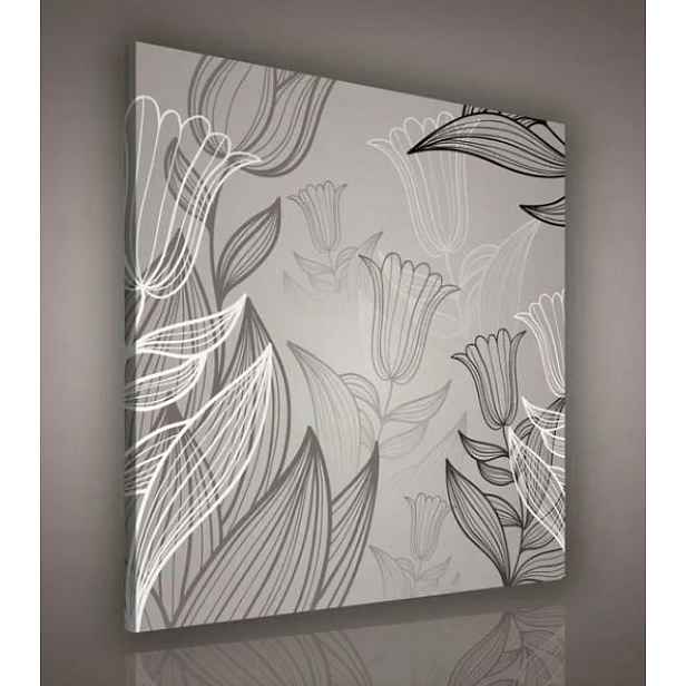 Obraz 80x80 Grafika květy listy monochromatický šedý minimalismus flóra