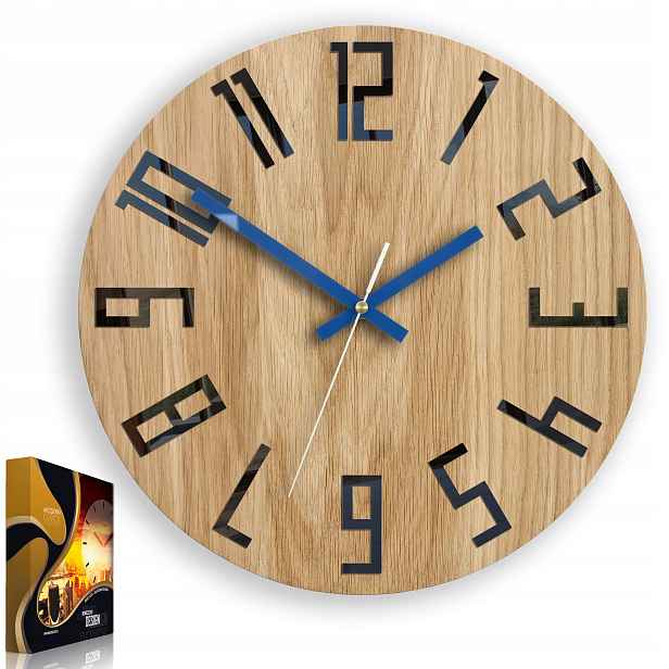 Nástěnné hodiny Dub Slim Černo & Tmavě Modré tiché hodiny, 33 cm, do obývacího pokoje