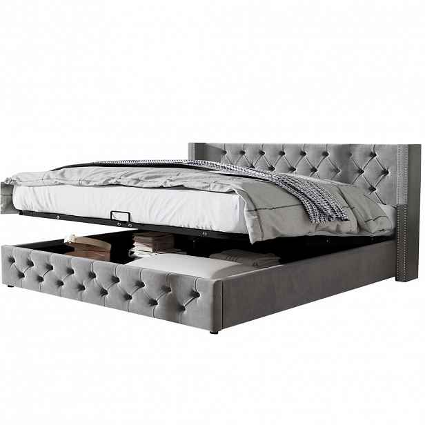 OKWISH ČALOUNĚNÁ postel 160/200 cm šedá ze sametu s hydraulickým úložným prostorem