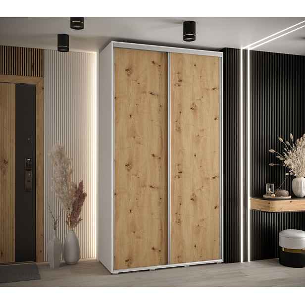 Šatní skříň YVONA 1 - 130/45 cm, bílá / dub artisan / stříbrná