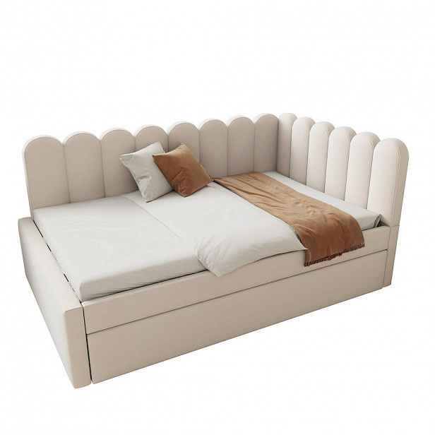 CHICFURN ČALOUNĚNÁ POSTEL 140/200 cm v béžové barvě s výsuvným lůžkem ze sametu