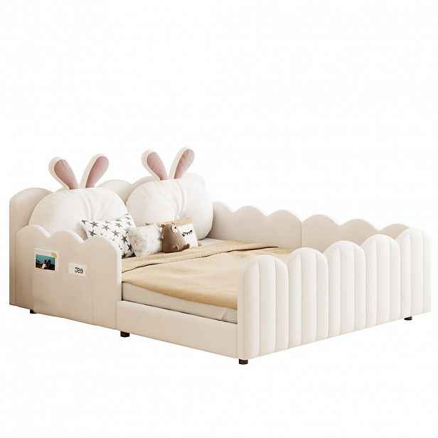 CHICFURN ČALOUNĚNÁ POSTEL 140/200 cm v béžové barvě s ochrannými zábranami a polštářem