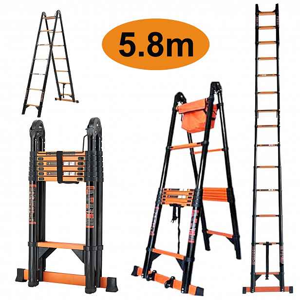 Skládací teleskopický kloubový žebřík 5,8 m s trojúhelníkovým stabilizátorem