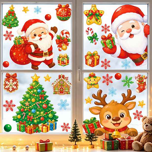 TEMU 4 archy 35 ks - Vánoční samolepky na okna, odtrhávací a beze zbytků lepidla, oboustranné statické skleněné samolepky - Santa Claus a a vánoční