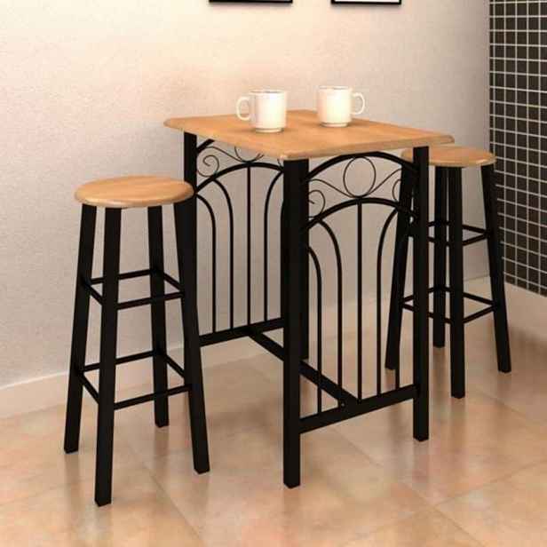 Barový set kov / MDF / dřevo Černá / světle hnědá
