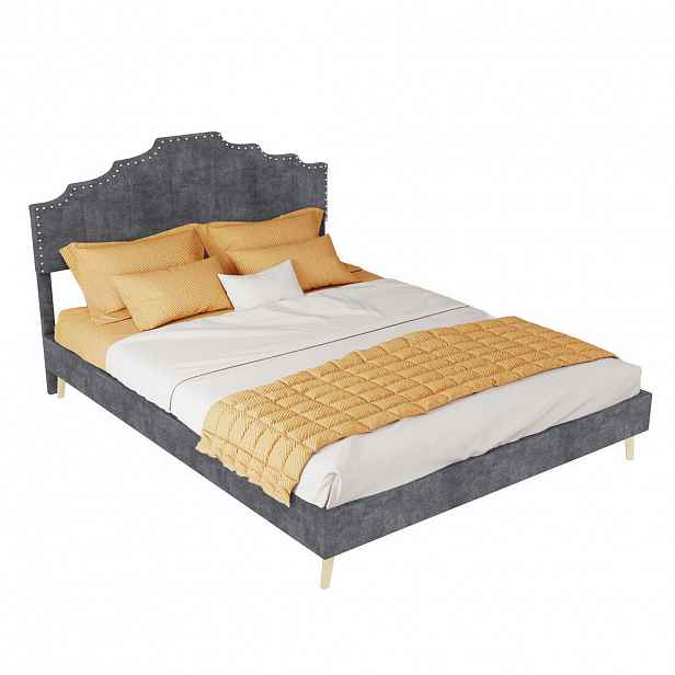 OKWISH POSTEL 140/200 cm šedá z látky a kovu s geometrickým čelem a stabilním roštem