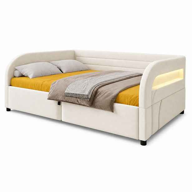 CHICFURN ČALOUNĚNÁ POSTEL 140/200 cm v béžové barvě s úložným prostorem a LED osvětlením