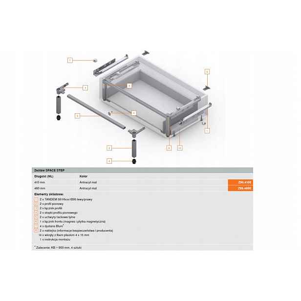 Blum Z95.4600 Space Step sada, plast/ocel, délka 460 mm