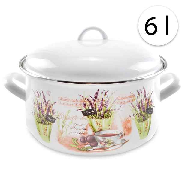 Perfect Home 13470 Smaltovaný hrnec 24cm, 6l + poklice, bílý, levandule