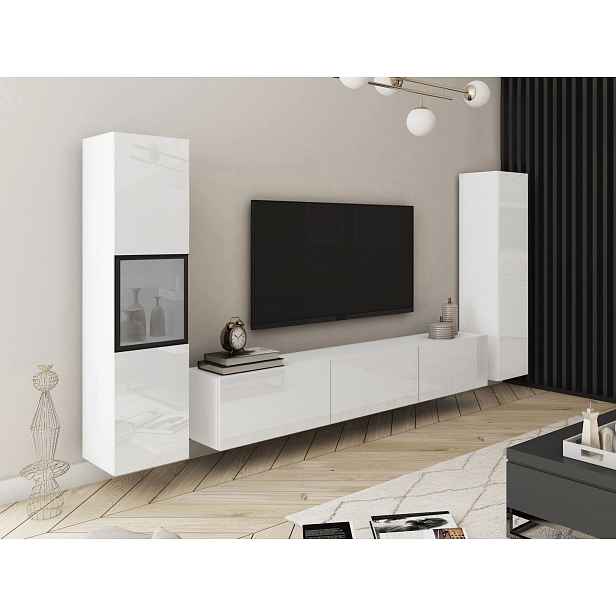Stěna do obýváku HEXIO - bílá / bílá lesklá + LED osvětlení