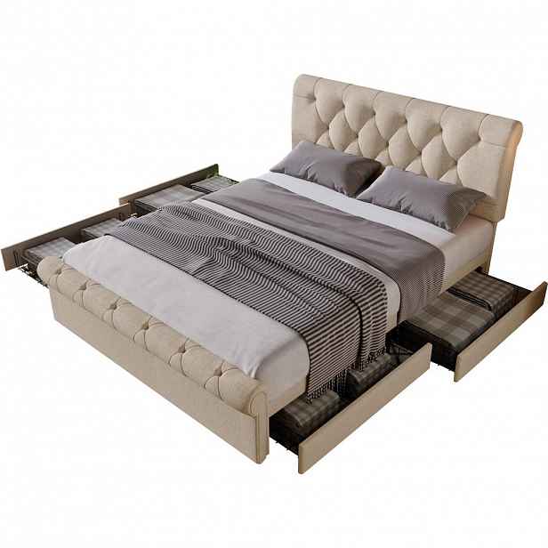 CHICFURN ČALOUNĚNÁ POSTEL 140/200 cm v přírodní barvě se 4 zásuvkami a nastavitelným čelem