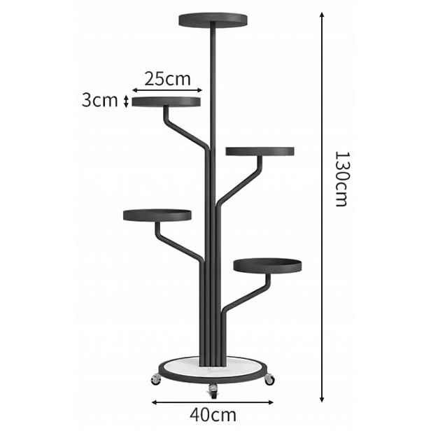Stojanový kovový květináč na kolečkách, černý, 135 cm