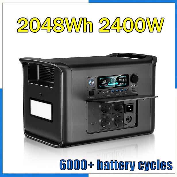 TEMU Přenosná elektrárna, maximální AC výstup 2400W, solární generátor LiFePO4 2048Wh, funkce UPS s přepnutím za méně než 10 ms, nabíjení více