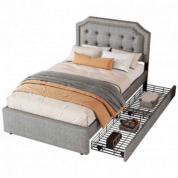 CHICFURN ČALOUNĚNÁ POSTEL 90/200 cm v šedé barvě se 2 zásuvkami