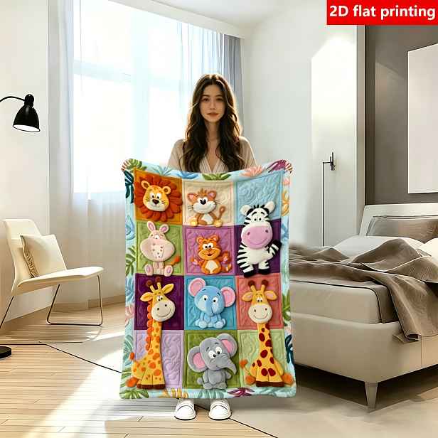 TEMU 2D Plochý Tisk, 1 ks, Flanelová s Patchwork Texturou a Potiskem Kreslených Lesních Zvířat, Jednostranný Tisk, Vhodná pro Všechna Roční Období,