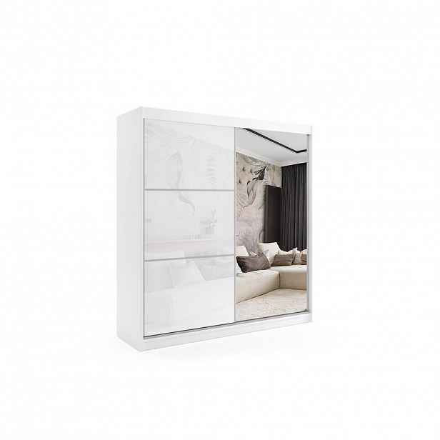ALTDECOR ŠATNÍ SKŘÍŇ s zrcadlovými posuvnými dveřmi a hliníkovými lamelami – VIVONA – 200 cm, bílá