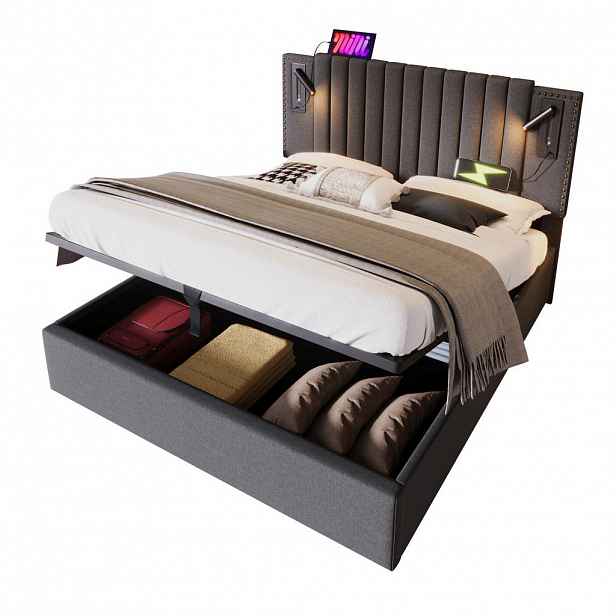 OKWISH ČALOUNĚNÁ postel 180x200 cm šedá z bavlny s úložným prostorem, čtecím světlem a USB