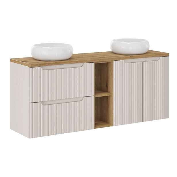 Comad Závěsná skříňka Nova Cashmere s deskou a umyvadly 140 cm kašmírová/dub evoke
