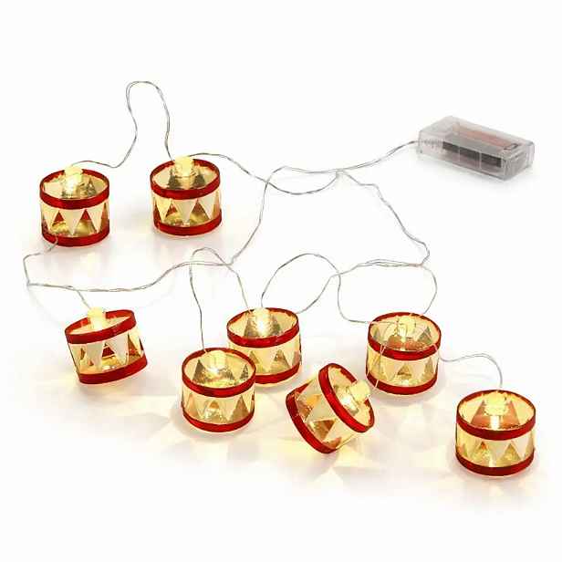 LED světýlka na baterky 1,5 m červené bubínky, teplá bílá, čirý kabel IP20 interiér, 2× AA