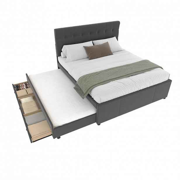 OKWISH ČALOUNĚNÁ postel 140/200 cm šedá z lněné tkaniny s výsuvným lůžkem a 3 zásuvkami