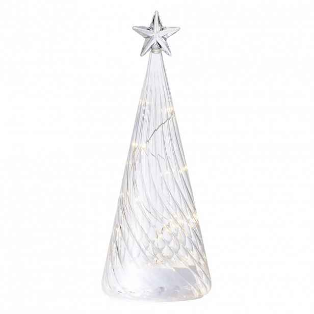 LED svítící stromeček skleněný na baterie, čirý, 26 cm, s hvězdou, AAA