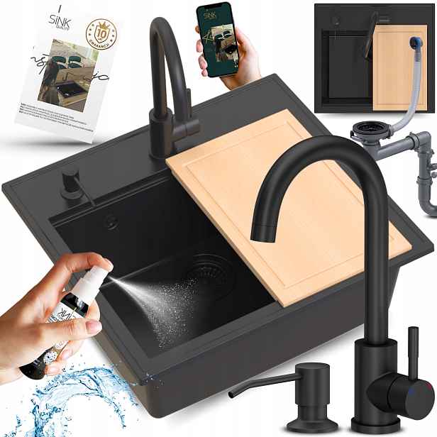 Kuchyňský granitový dřez s deskou jednokomorový, Černý, Sifonová Baterie