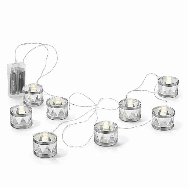LED dekorační světelný řetěz na baterky 150 cm, stříbrné bubínky, teple bílá, 8 diod, interiér, 2× AA