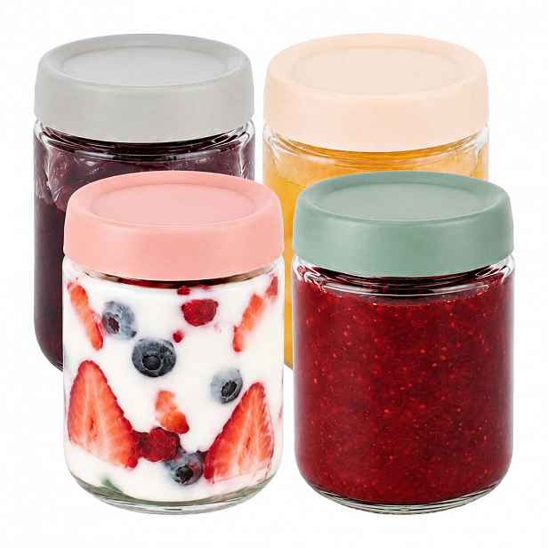 Relaxdays SKLENICE transparentní barevná víčka 4dílná-sada 450 ml
