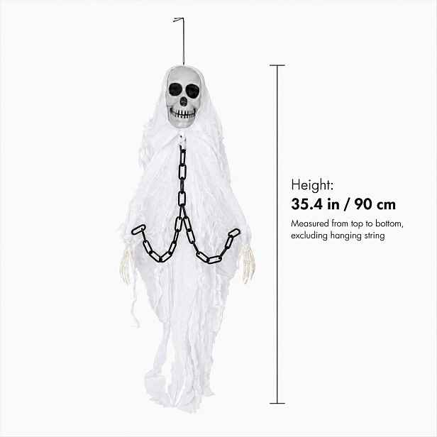 TEMU 90cm Halloweenská bílá látková závěsná ozdoba s lebkou a imitací řetězu, strašidelný přívěsek kostlivce, dekorace pro vnitřní a venkovní použití
