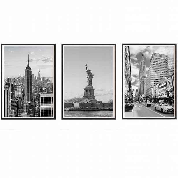 Obrazy New York Černobílé Plakáty Rámečky Dřevěné Černé 3ks 30x42 cm