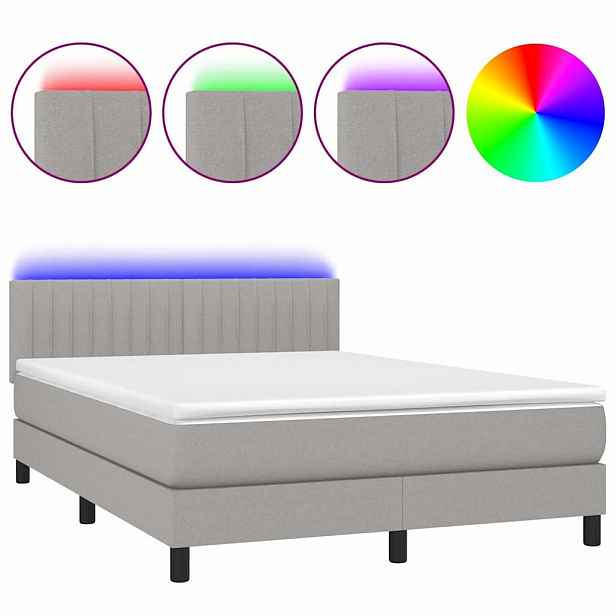 vidaXL Box spring postel s matrací a LED světle šedá 140x190 cm textil