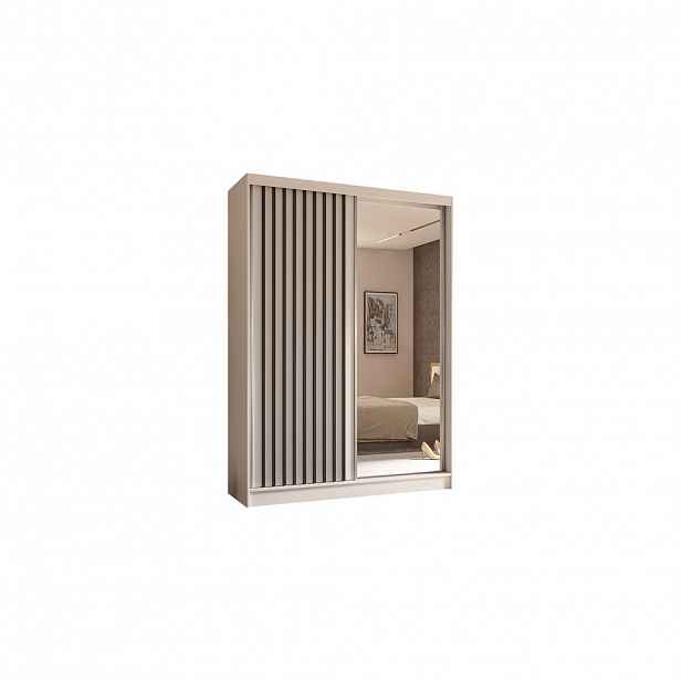 ALTDECOR ŠATNÍ SKŘÍŇ s posuvnými zrcadlovými dveřmi a hliníkovými lamelami – LAMELO – 150 cm bílá + bílá + černá