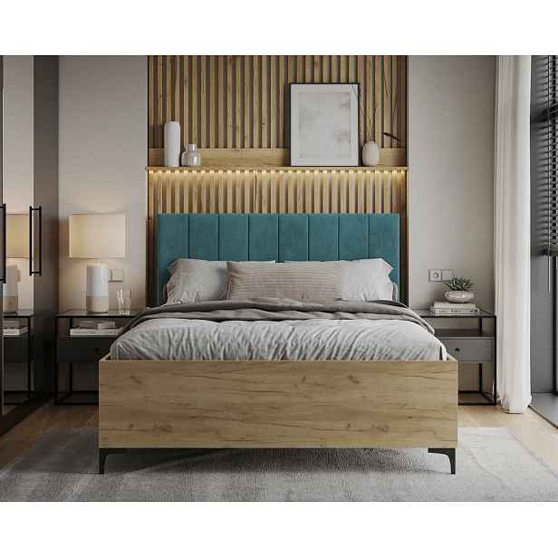 FDM Postel Sierra se zvedacím roštem Trinity tyrkysová/dub craft, velikost 140x200