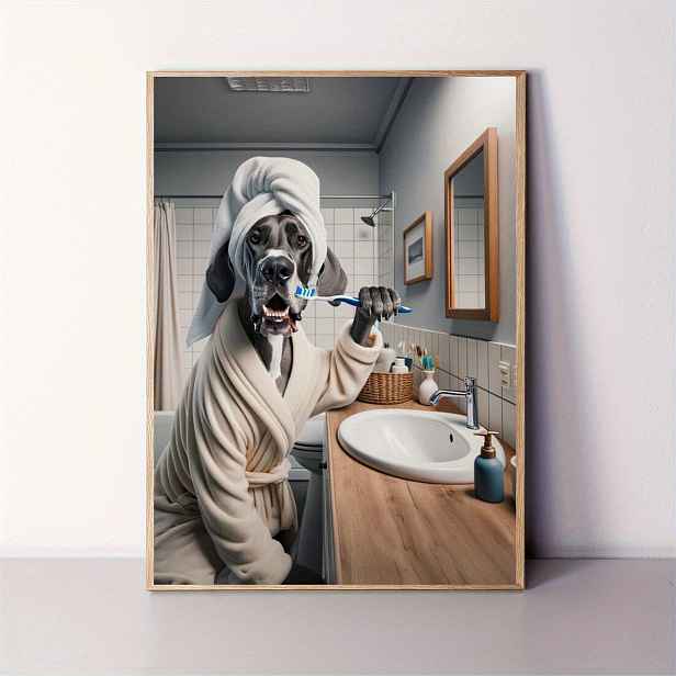 TEMU Veselý Velký v županu na plátně - 12x16.5 palcový bezramenný dekor do koupelny pro psy, vtipný poster na čištění zubů, ideální dárek pro