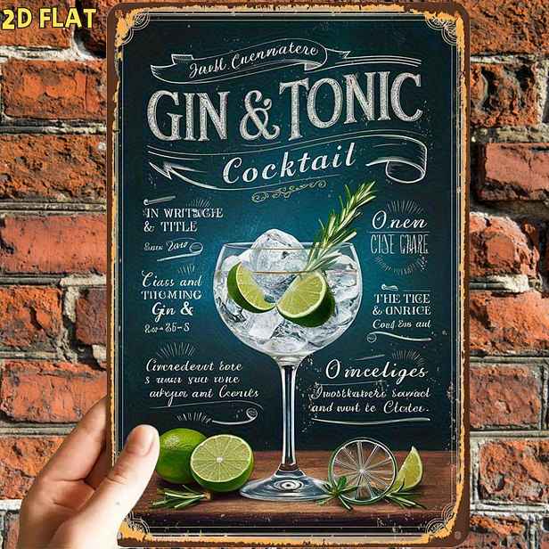 TEMU 2D plochý, 2D plochý, 1 ks, Vtipný retro plakát Gin & Tonic , Kovová železná cedule, Předvrtané otvory, Vhodné pro interiér, zahradu, exteriér,