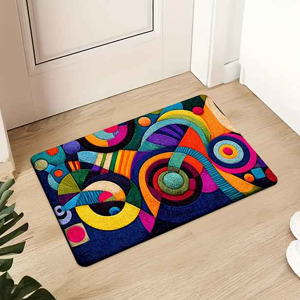 TEMU [Produkt] [ + 1 cm silný houbový materiál] 1 ks Rohožka Živá Abstraktní Geometrická Rohožka – Barevné Kruhové Vzory pro Vstupní Halu, Ložnici,