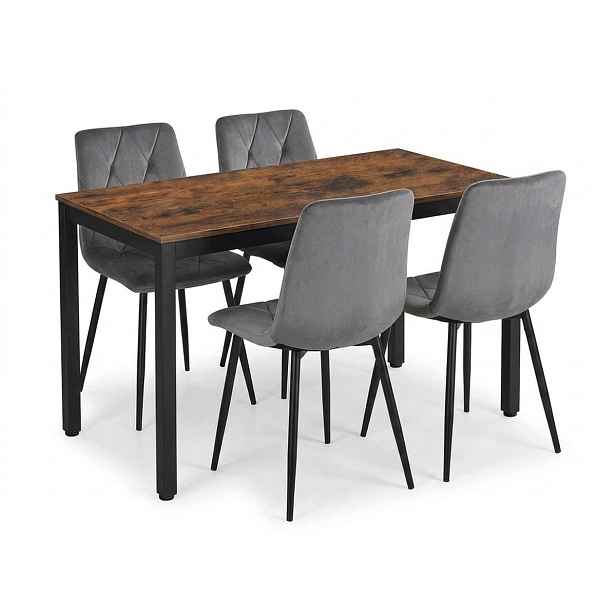 Loftový jídelní set: stůl 120x60 cm v dekoru starý dub a 4 čalouněné šedé židle