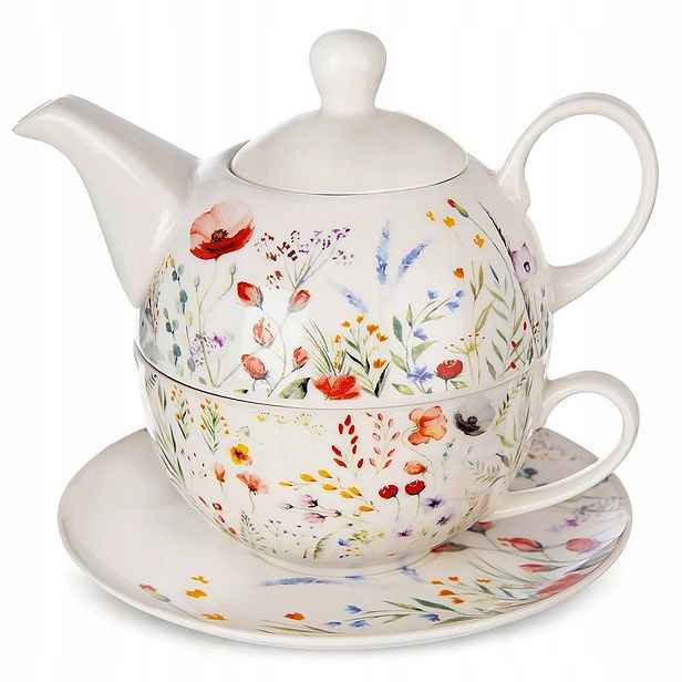 Konvička na čaj s šálkem a podšálkem z porcelánu, 3 el.
