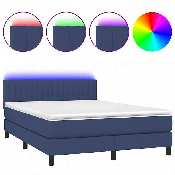 vidaXL Box spring postel s matrací a LED modrá 140x190 cm textil