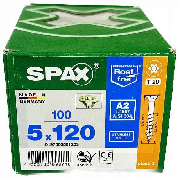 Univerzální šrouby z nerezové oceli, ocel A2, 5 x 120 mm Spax 100 ks