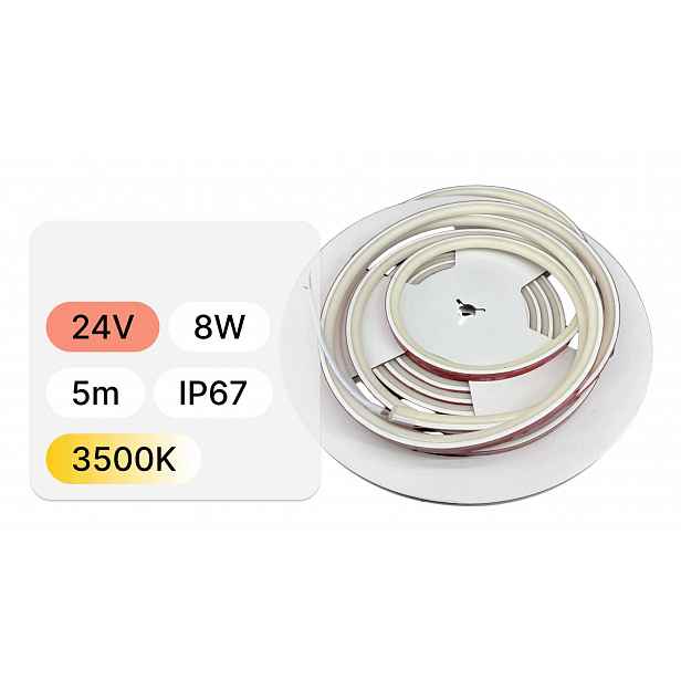 Led pásek Cob 24V 5m 8W/m IP67 3500K Ra>90 – voděodolný kontinuální Led pásek