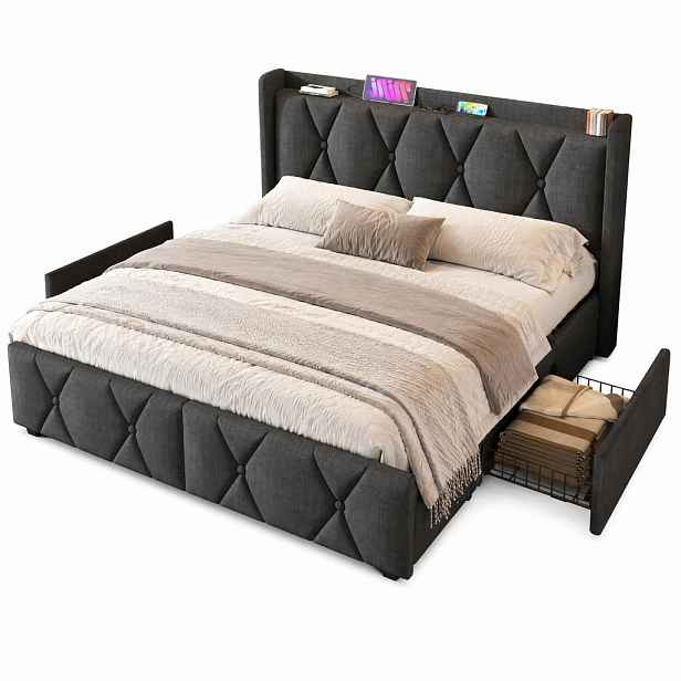 CHICFURN ČALOUNĚNÁ POSTEL 140/200 cm v šedé barvě se 4 zásuvkami, USB a zásuvkami