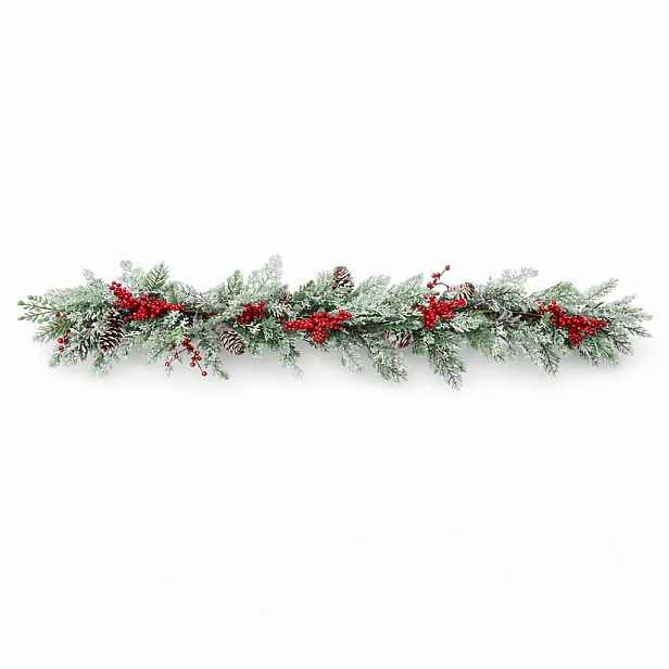 3D umělá vánoční girlanda na stůl s jehličím a červenými bobulemi, 270 × 15 cm, ojíněná