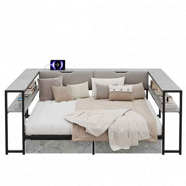 OKWISH ČALOUNĚNÁ postel 140/200 cm šedá z MDF a kovu s USB a úložným prostorem
