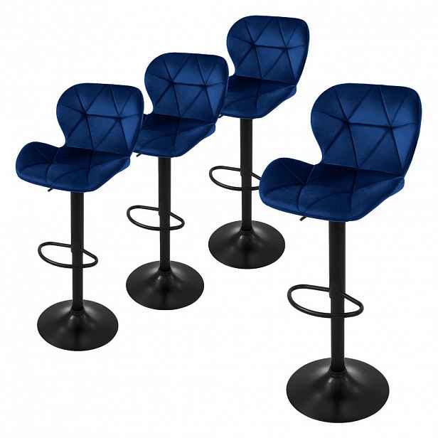 ML-DESIGN SADA 4 barových židliček, modré, sametové, výškově nastavitelné/otočné