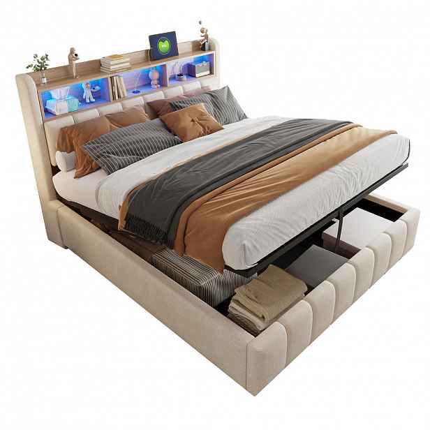CHICFURN ČALOUNĚNÁ POSTEL 180/200 cm v béžové barvě z lněné látky s LED, USB a úložným prostorem