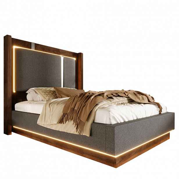 CHICFURN ČALOUNĚNÁ POSTEL 90/200 cm v šedé a ořechové barvě s úložným prostorem a LED